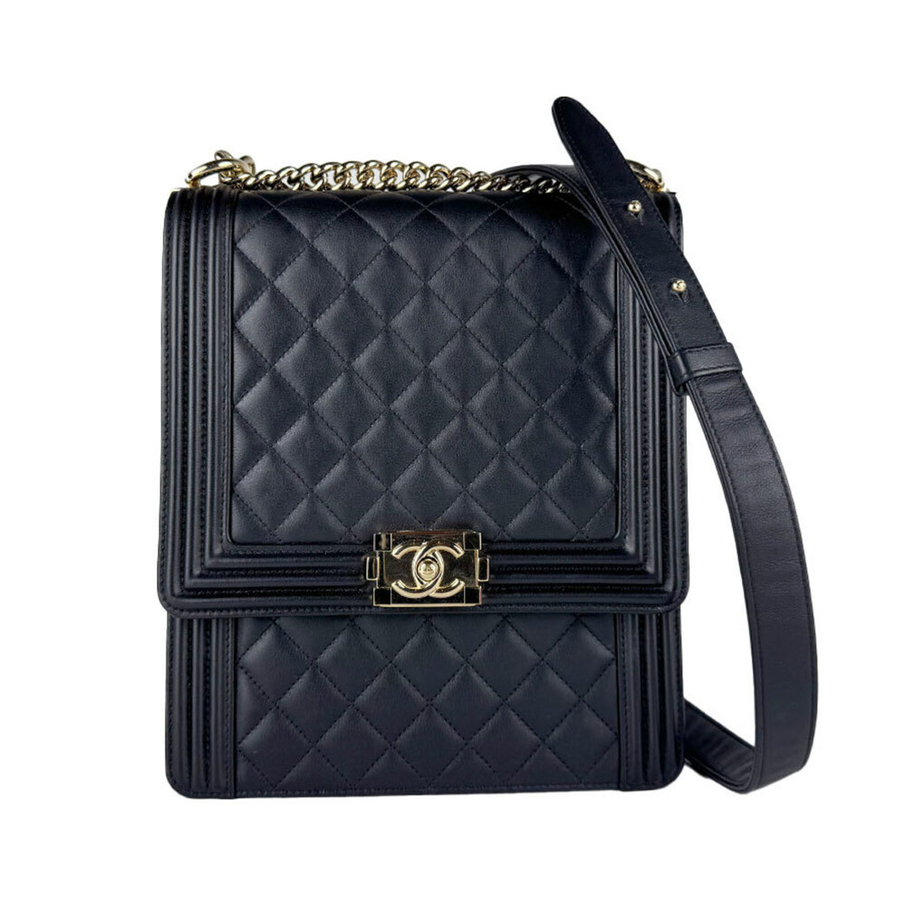 Chanel Boy Shoulder Bag, Leather, Metal, Black, Gold, Women's, z10869